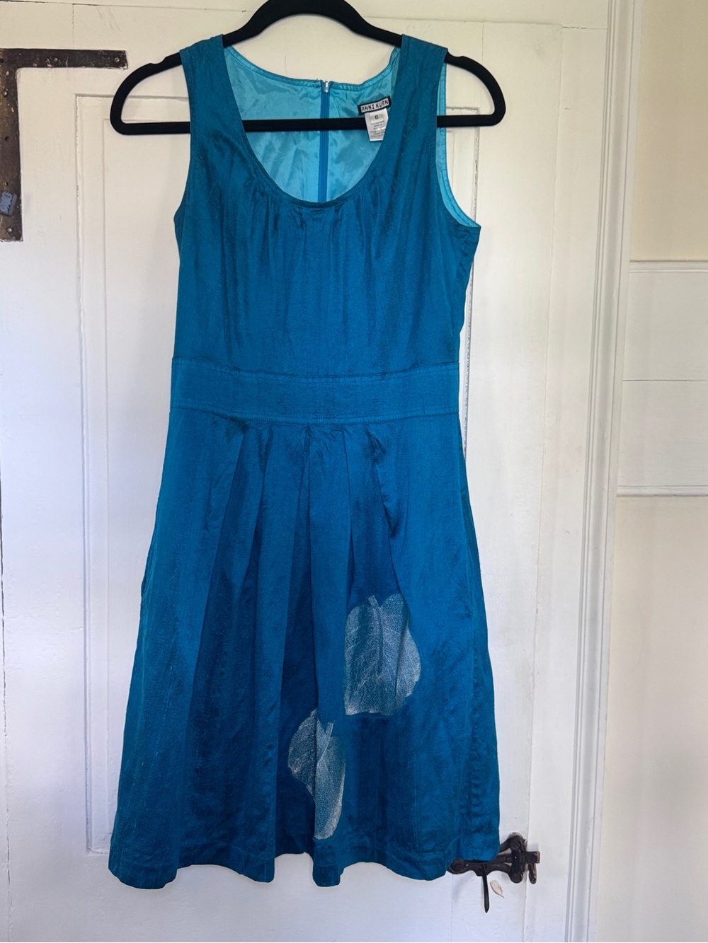 Anni Kuan 100% Silk Teal Fit Flare Dress Size 6 Leaf Appliqué Ethical NYC Y2K